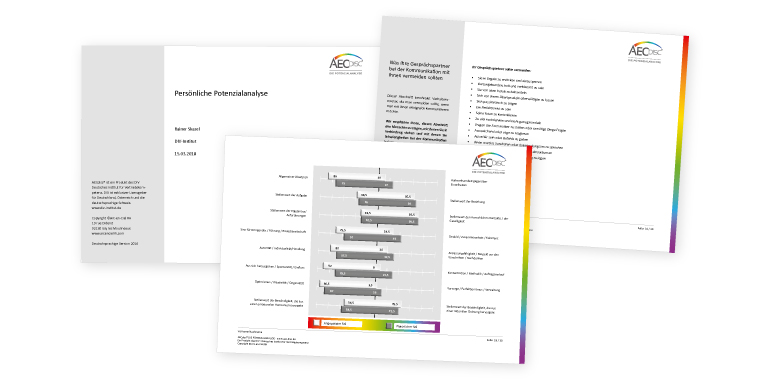 Musteranalyse mit exemplarischen Inhalten des AECdisc® Rades, Potential- und Wertegrafik sowie allen Beschreibungstexten