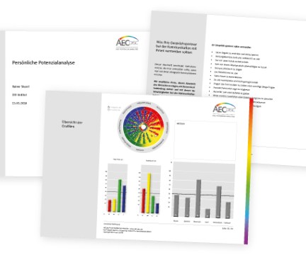 Der AECdisc® Potenzialanalyse Report stellt auf über 30 Seiten die verschiedene Persönlichkeitsmerkmale, Verhalten, die Motive und Kommunikationshinweise dar.